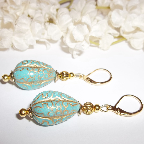 Earrings, Turquoise Earrings, Turquoise Blue and Gold Earrings, Earring Set 7768 - Picture 4 of 10